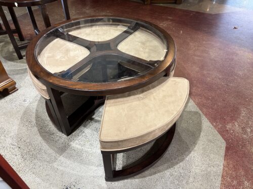 Round Cocktail Table with Four Nested Stools in Mink Brown