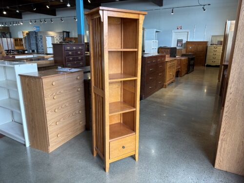 Mission Style Slim Oak Bookcase with Lower Drawer