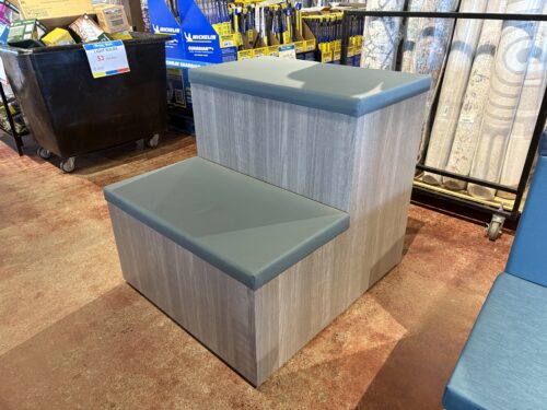 Tiered Seating Unit with Blue Upholstery and Grey Wash Wood