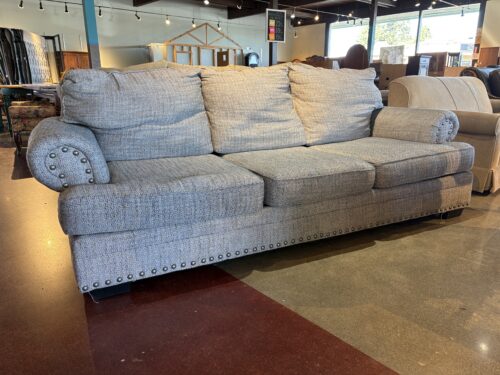 Light Grey Tweed Three Seater Sofa with Nailhead Detail