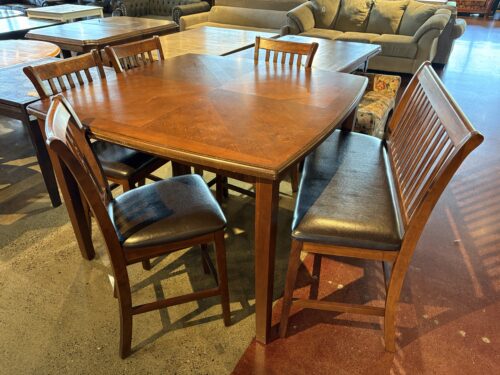 Counter Height Square Dining Table with Four Chairs and Bench