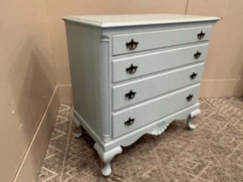 Vintage Cloud Blue Painted Provincial Style 4 Drawer Dresser with Decorative Bronze Swing Pulls