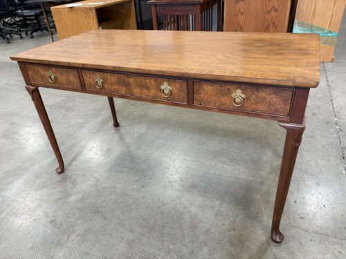 BAKER FURNITURE Vintage Walnut Writing Desk with Burl Veneer Drawer Fronts and Brass Ring Pulls