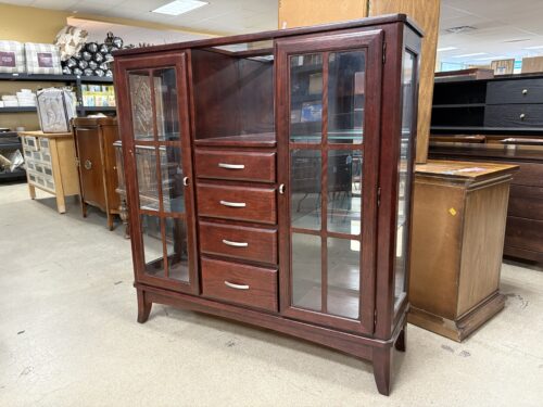 Dark Cherry Finished Mirrored Glass & Wood Display Cabinet