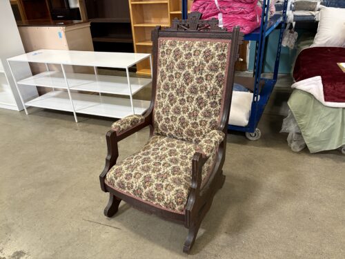 Vintage Victorian Style Platform Rocker with Floral Upholstery and Carved Details