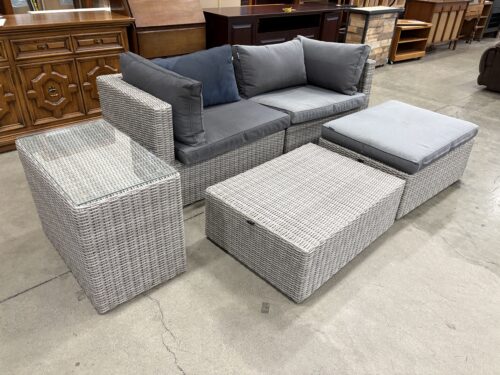 Modern Grey Modular Wicker Patio Set with 2 Ottomans and Glass Top Side Table