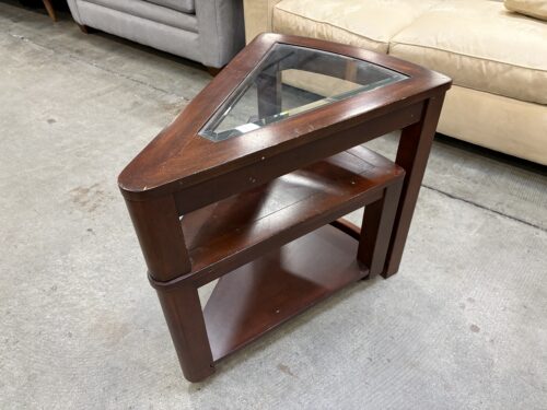 Cherry Finished Triangular Glass Top Side Table with Rotating Bottom Tier