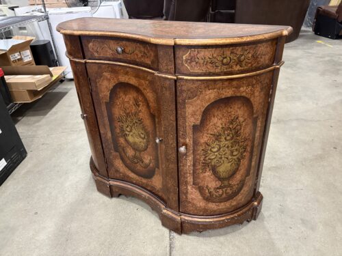 Bronze Finish Wooden 3 Door Demilune Console Cabinet with Handpainted Floral Details