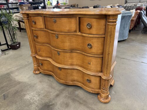 CENTURY Golden Finished Mahogany 6 Drawer Wavefront Dresser with Brass Hardware and Columned Sides