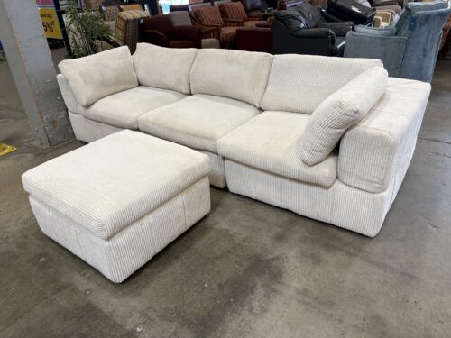 Modern 4 Piece Modular Ivory Corduroy Sofa and Ottoman