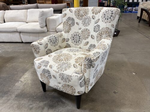 Ivory High Back Arm Chair with Muted Floral Mandala Design and Black Tapered Legs