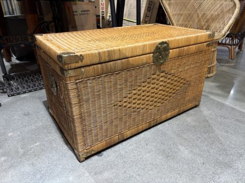 Vintage Asian Style Wicker and Brass Blanket Storage Trunk