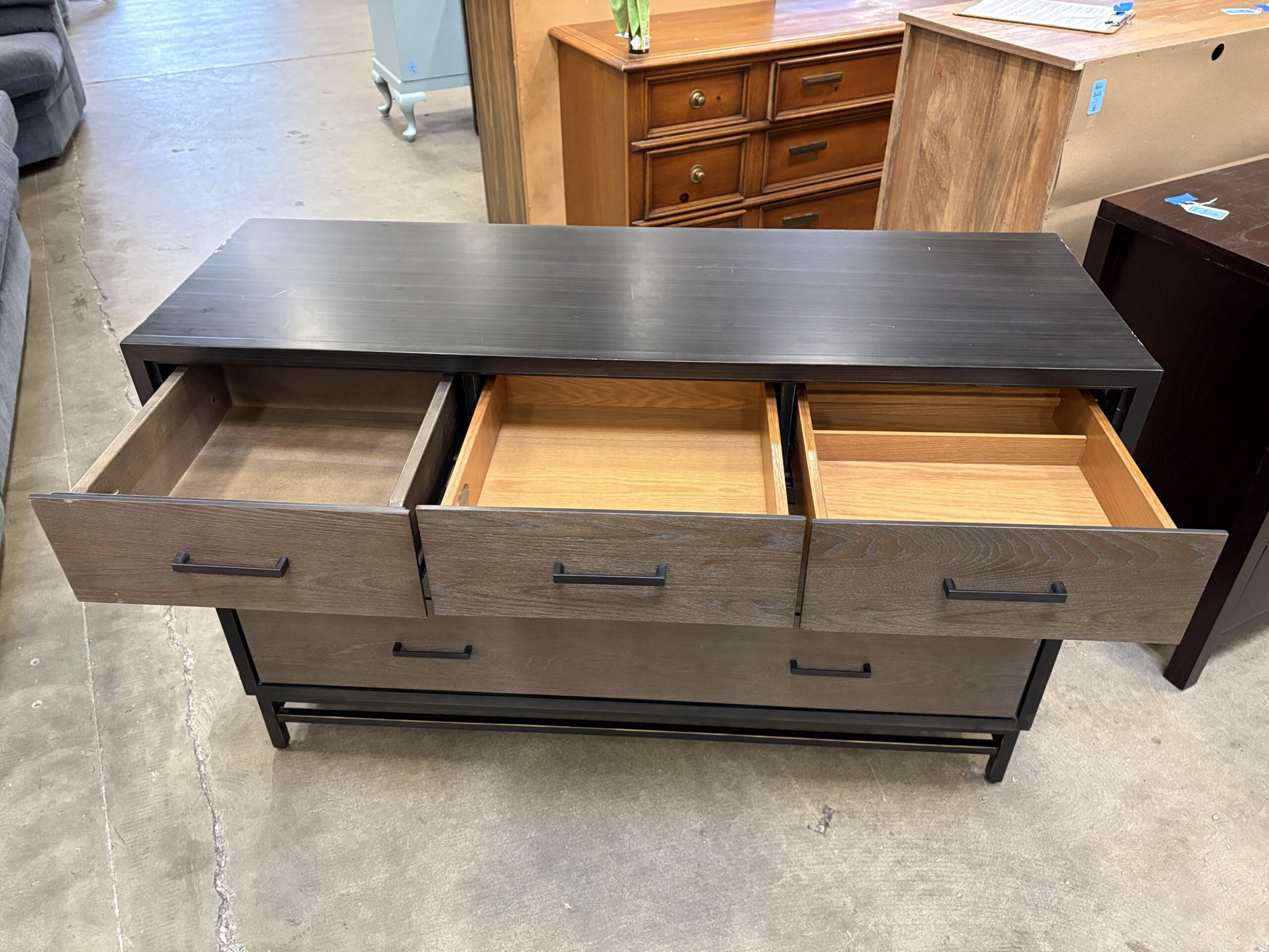 SMARTSTUFF Rustic Industrial Black 5 Drawer Dresser with Rustic Wood Facade and Black Rail Pulls | Habitat Stores Seattle-King County Washington SMARTSTUFF Rustic Industrial Black 5 Drawer Dresser with Rustic Wood Facade and Black Rail Pulls | Habitat Stores Seattle-King County Washington
