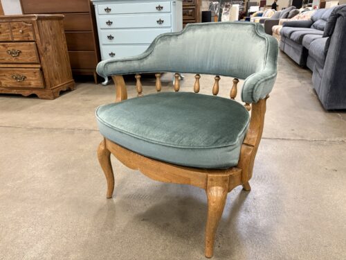 Vintage Wooden Barrel Back Accent Chair with Velvet Teal Upholstery