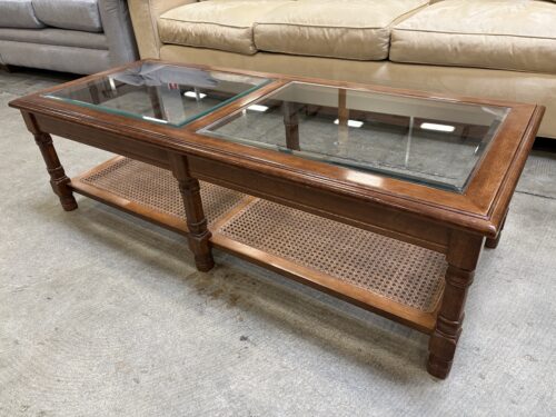 Vintage 2 Tier Coffee Table with Dual Glass Top Inserts and Rattan Lower Tier