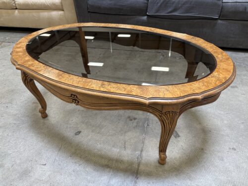 THOMASVILLE French Provincial Oval Coffee Table with Smoked Glass Insert and Burl Wood Top