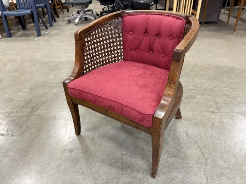 Vintage Walnut Finished Cane Side Panel Armchair with Maroon Button Tufted Cushion