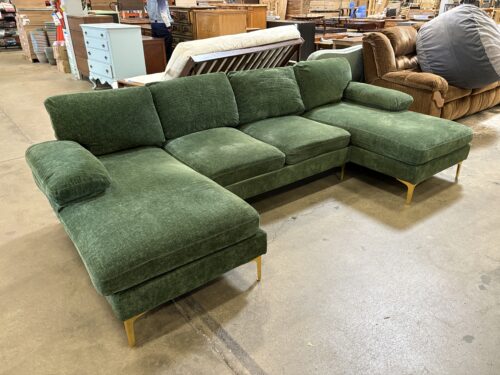 COOLMORE Heathered Emerald Modern U-Shaped Sofa with Cushioned Arms and Gold Tone Legs