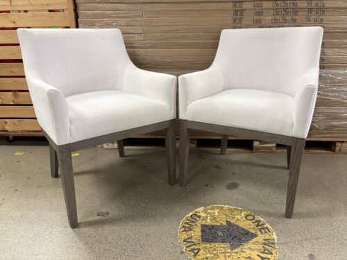 RESTORATION HARDWARE Morgan Curved Back White Fabric/Grey Oak Leg Track Arm Chair (Set of 2)