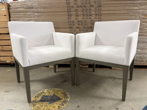 RESTORATION HARDWARE Morgan White Fabric/Grey Oak Leg Track Arm Chair (Set of 2)