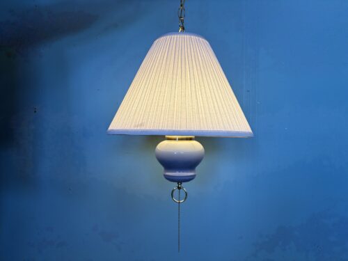 Vintage Blue Swag Pendant Lamp with Chain Pull and White Pleated Shade