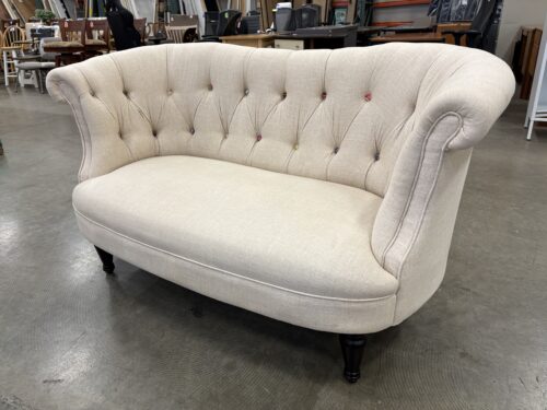 COST PLUS WORLD MARKET Ivory Linen High Back Tufted Settee with Eclectic Buttons