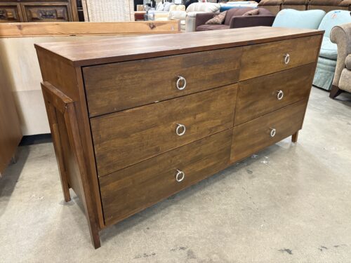 MCM Inspired Walnut Finish 6 Drawer Dresser with Silver Ring Pulls