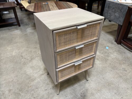 Modern Greywash 3 Drawer Nightstand with Rattan Door Fronts