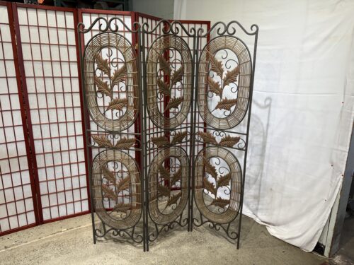 Wrought Iron Three Panel Room Divider with Woven Rattan Detail