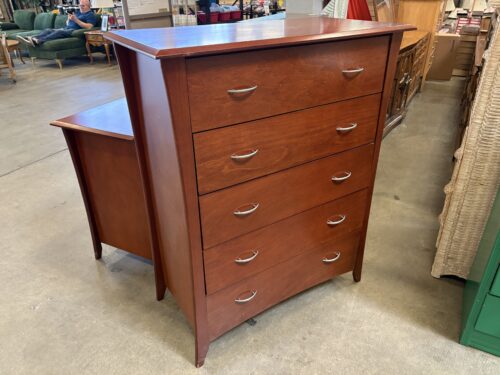 Vintage Mahogany Tallboy 5 Drawer Dresser with Sleek Silver Pulls