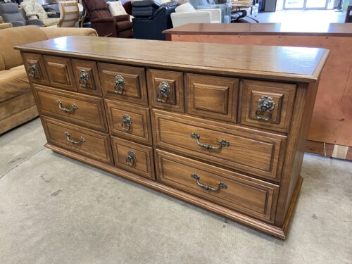 Vintage Wooden 9 Drawer Triple Dresser with Ornate Floral Brass Pulls