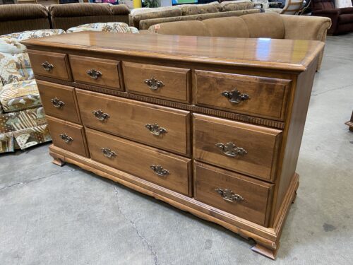 Vintage Honey Maple Finished 12 Drawer Lowboy Dresser with Brass Swing Pulls