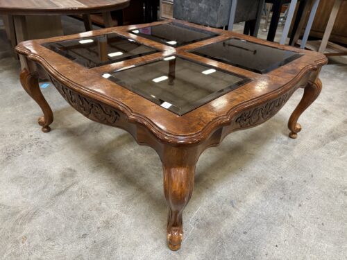 Vintage Wooden Provincial Style Square Coffee Table with Smokey Glass Inserts