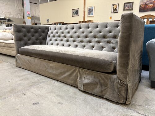 LEE FURNITURE  Vintage Greige Chenille Chesterfield Tufted Sofa