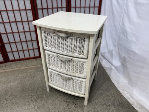 White Wicker Basket Three Drawer Storage Cabinet