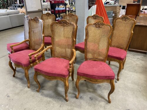 DREXEL HERITAGE Vintage Walnut Finished French Provincial Dining Chair with Maroon Floral Damask Seat (Set of 8)