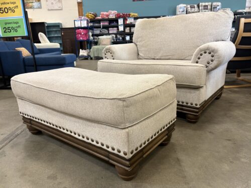 ASHLEY FURNITURE  Ivory Woven Lounge Chair with Ottoman and Nailhead Trim