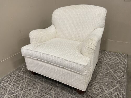 ETHAN ALLEN Ivory Grid Patterned English Roll Arm Accent Chair with Cherry Bun Feet