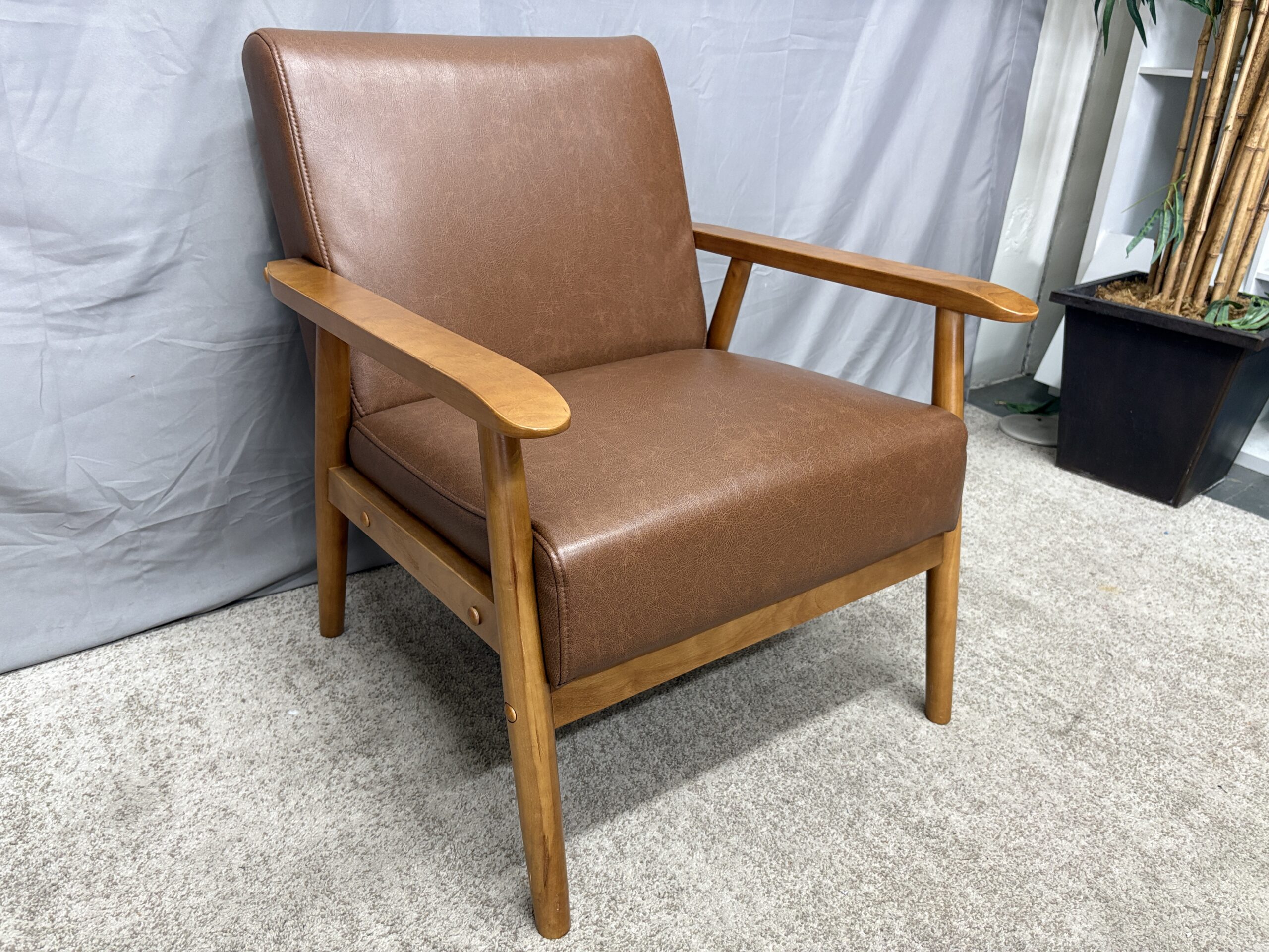 MCM Style Brown Wooden Framed Accent Chair