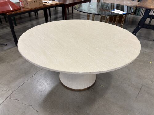 PALECEK Conrad 60" Round Distressed Hardwood Top Dining Table with Metal Trimmed Pedestal Base
