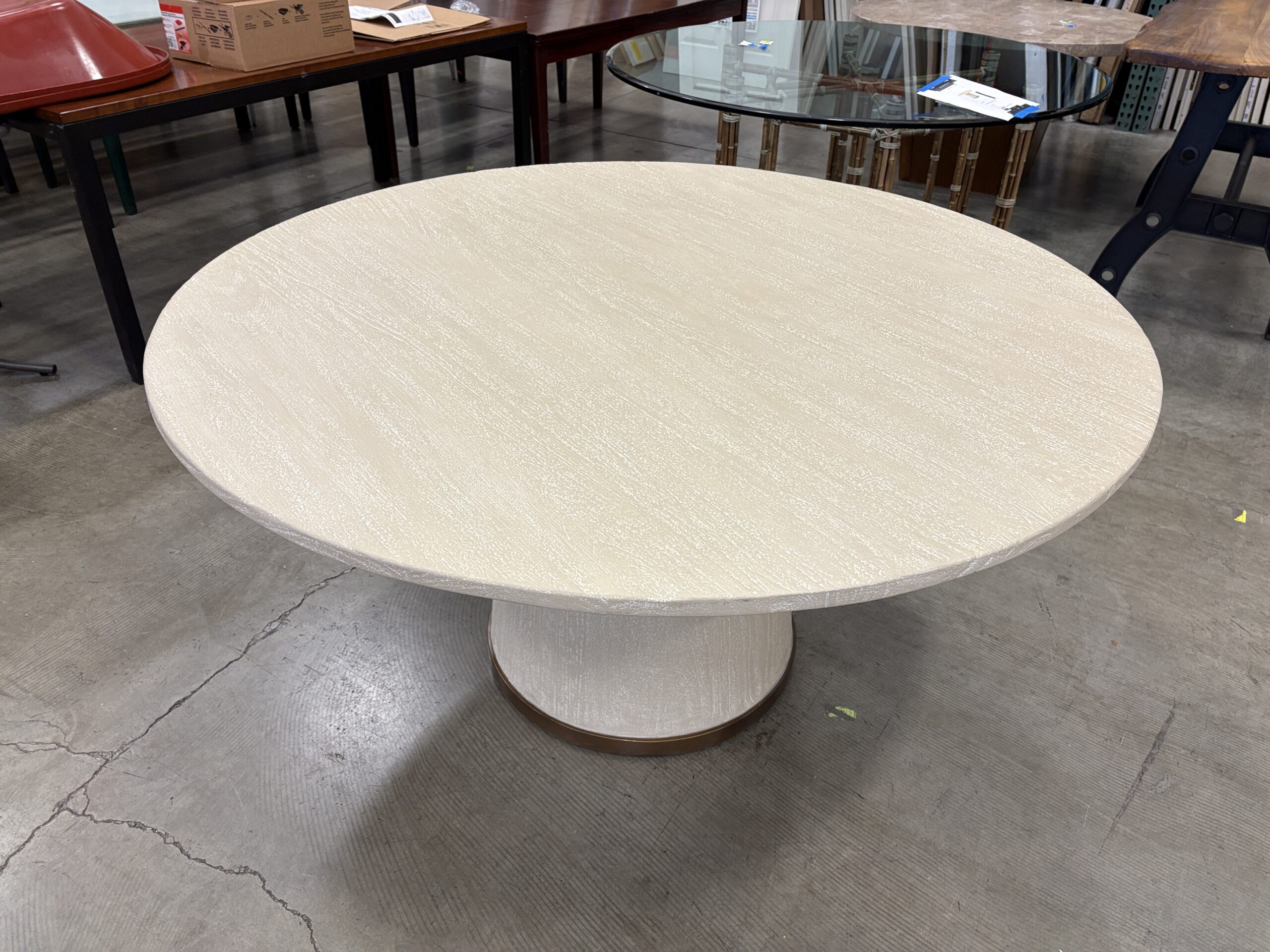 PALECEK Conrad 60″ Round Distressed Hardwood Top Dining Table with Metal Trimmed Pedestal Base