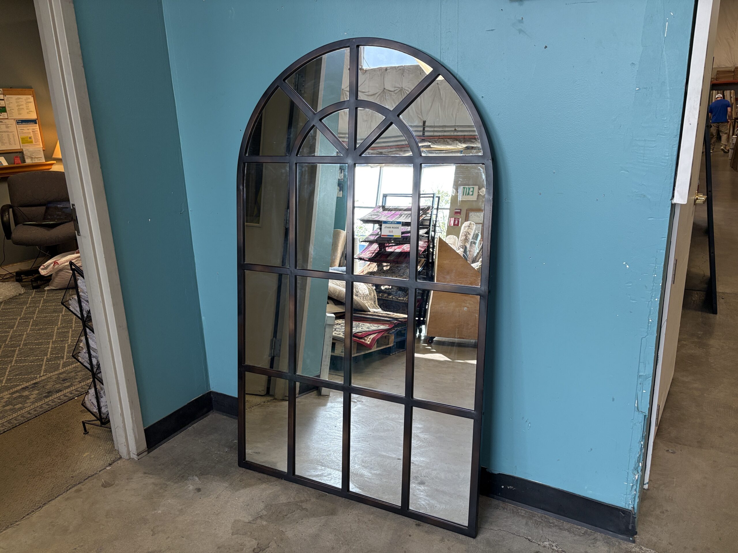 Extra Large Black Arched Windowpane Style Wall Mirror with Copper Highlights