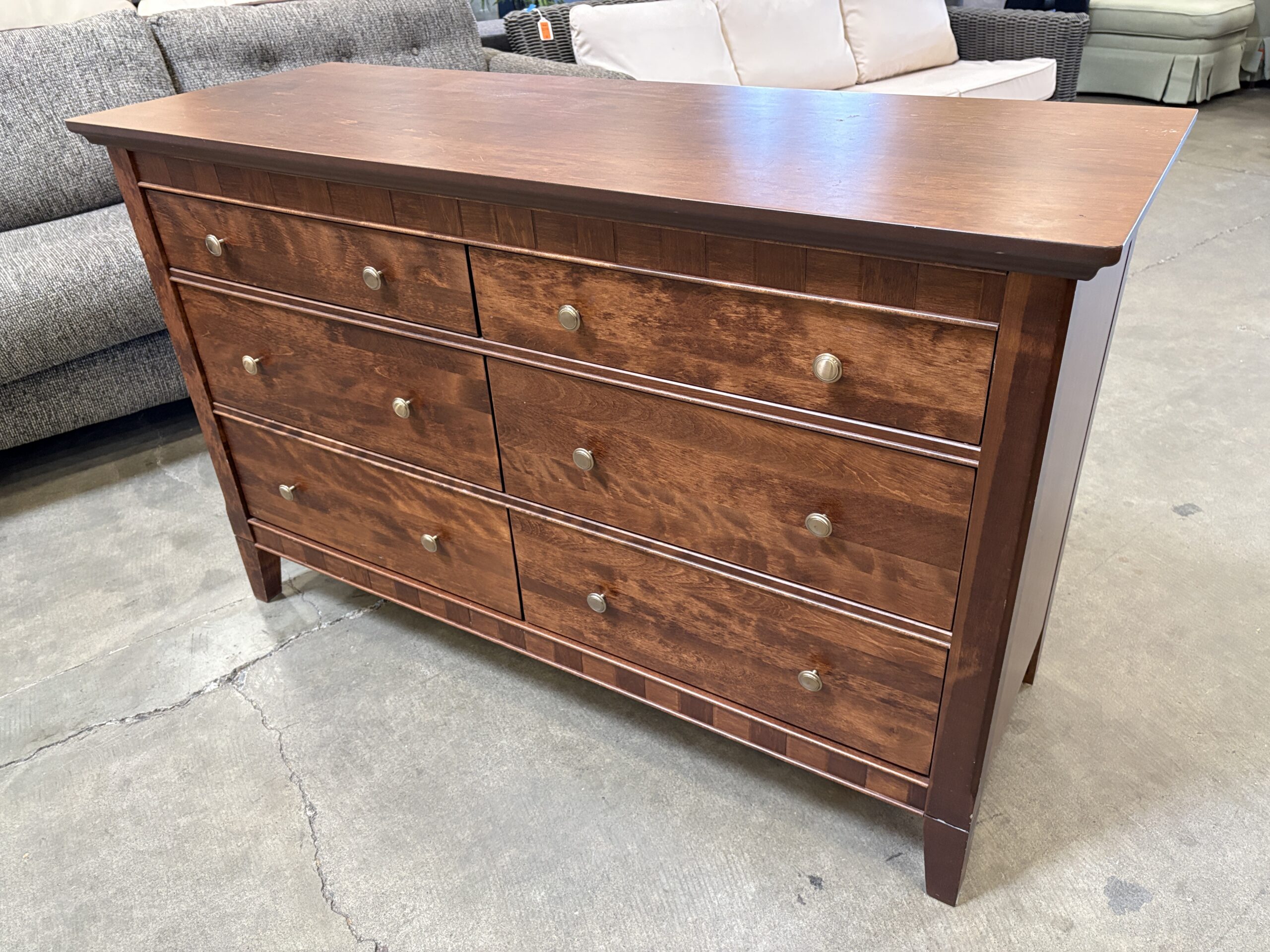 NATART Walnut Finished 6 Drawer Lowboy Dresser with Paneled Trim and Silver Pulls