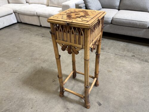 Vintage Bamboo and Rattan Plant Stand with Scorched Accents