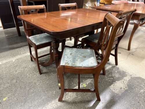 Vintage Double Pedestal Dining Table w/ 4 Upholstered Lyre Back Chairs