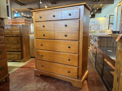 5-Drawer Wooden Chest with Antique Brass Knobs and Carved Accents