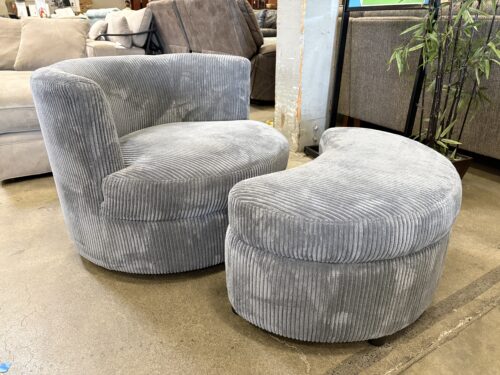 Modern Light Blue Corduroy Plush Upholstery Swiveling Accent Chair with Crescent Storage Ottoman