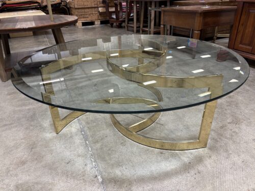 Vintage Hollywood Regency Style Geometric Brass Base Coffee Table with Thick Glass Top