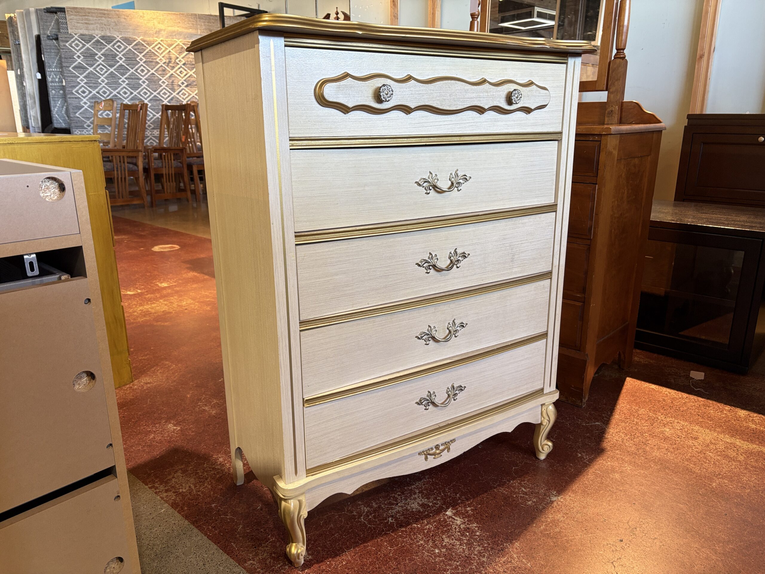 French Provincial Highboy Dresser with Gold Detail