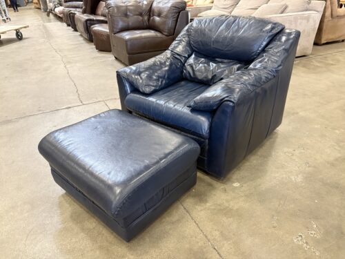 REID LEATHER Vintage Midnight Blue Leather Armchair and Ottoman with Castors